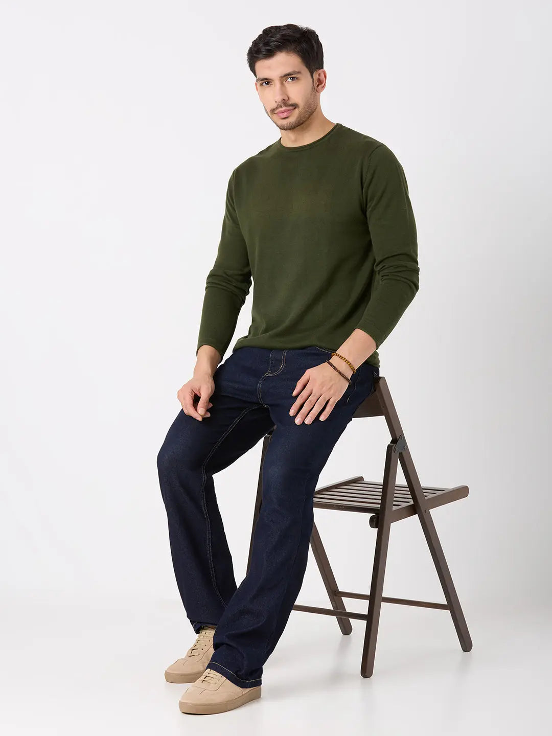 Olive Green Solid Regular Fit Pullovers TIM PARIS