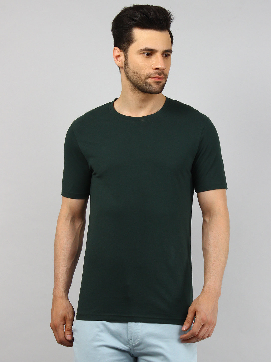 Green Round Neck Solid T Shirt