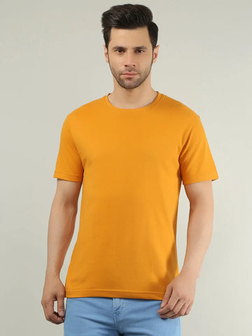 Yellow Round Neck Solid T Shirt TIM PARIS