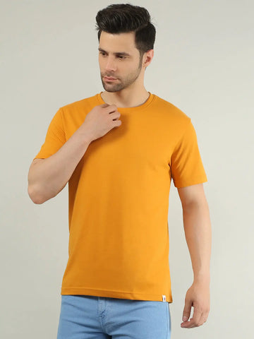 Yellow Round Neck Solid T Shirt TIM PARIS