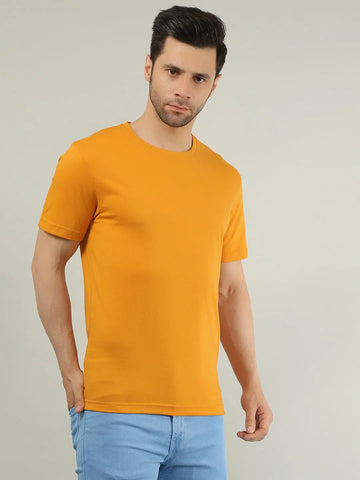 Yellow Round Neck Solid T Shirt TIM PARIS