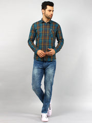 Teal Blue Checkered Regular Fit Shirt
