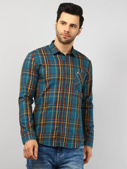 Teal Blue Checkered Regular Fit Shirt
