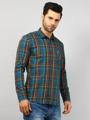 Teal Blue Checkered Regular Fit Shirt