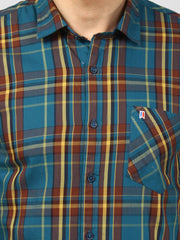 Teal Blue Checkered Regular Fit Shirt