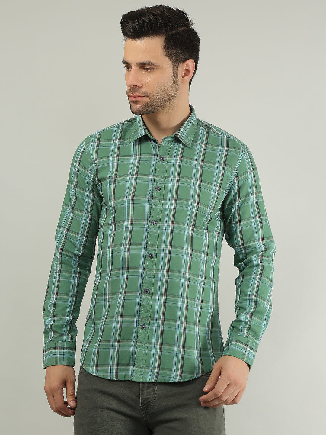 Leaf Green Checkered Regular Fit Shirt