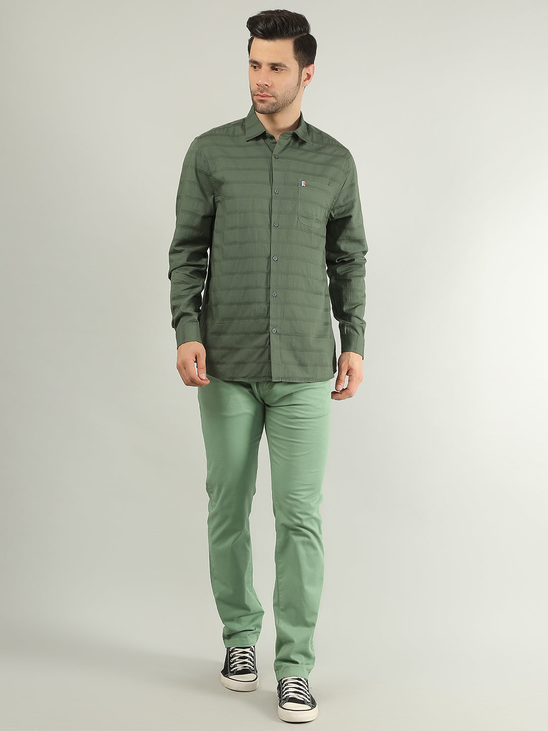 Olive Striped Regular Fit Shirt