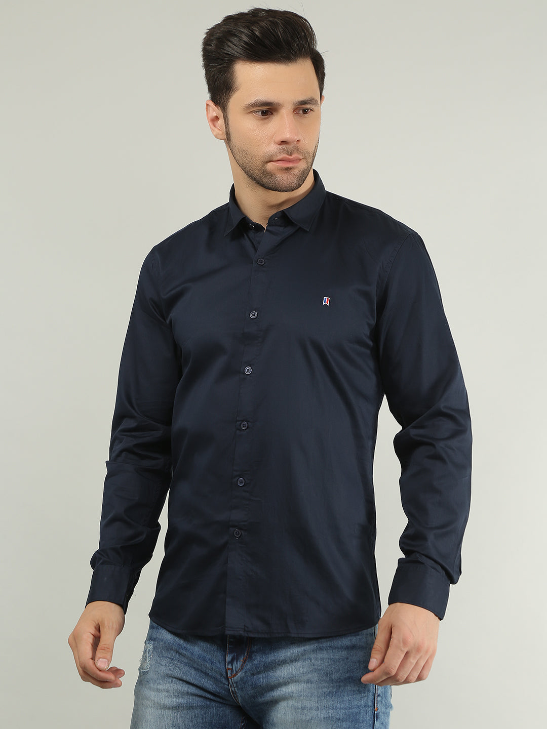 Navy Blue Solid Regular Fit Shirt