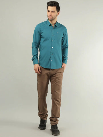 Teal Blue Solid Regular Fit Shirt TIM PARIS