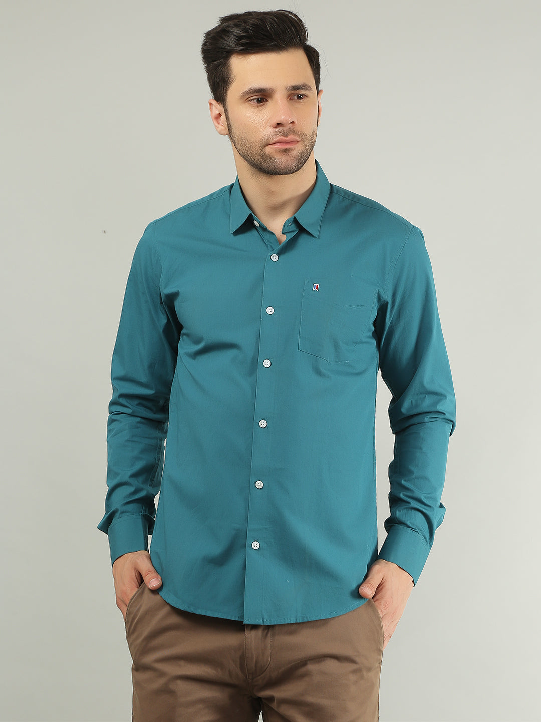 Teal Blue Solid Regular Fit Shirt