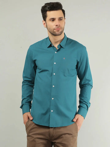 Teal Blue Solid Regular Fit Shirt TIM PARIS