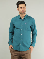 Teal Blue Solid Regular Fit Shirt