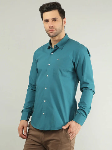 Teal Blue Solid Regular Fit Shirt TIM PARIS