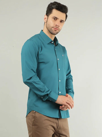 Teal Blue Solid Regular Fit Shirt TIM PARIS