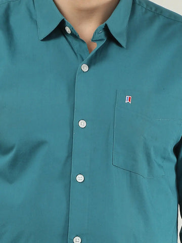 Teal Blue Solid Regular Fit Shirt TIM PARIS