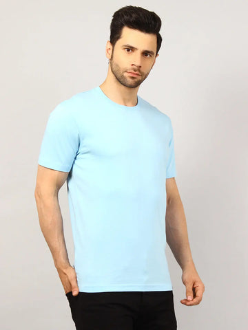 Blue Round Neck Solid T Shirt TIM PARIS
