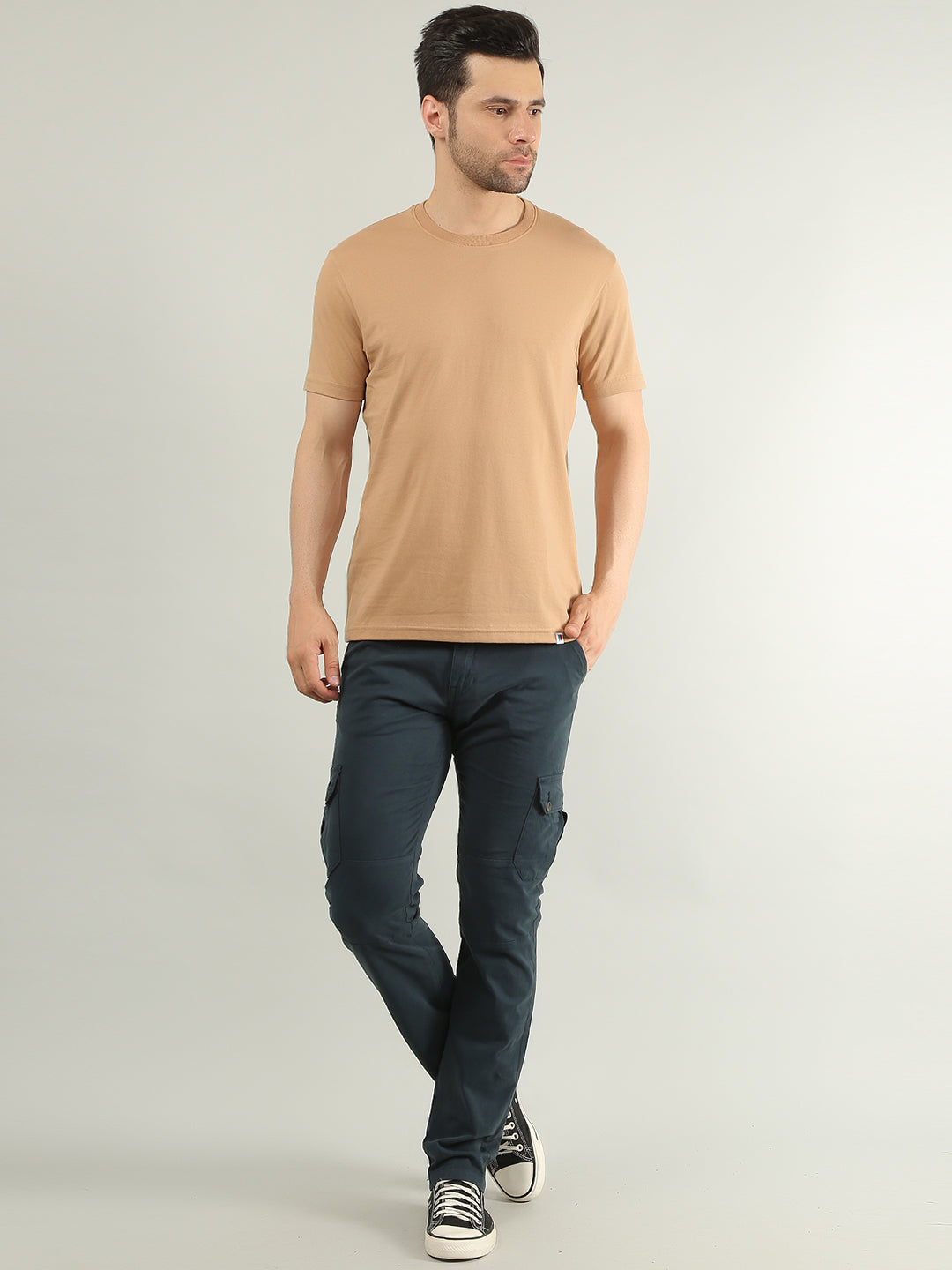 Brown Round Neck Solid T Shirt