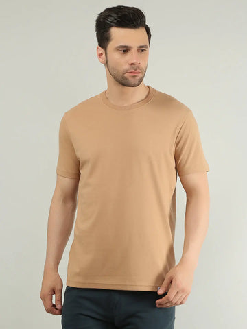 Brown Round Neck Solid T Shirt TIM PARIS