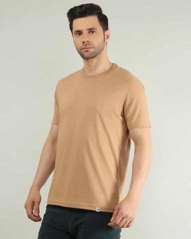 Brown Round Neck Solid T Shirt TIM PARIS