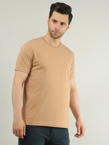 Brown Round Neck Solid T Shirt TIM PARIS