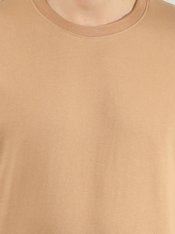 Brown Round Neck Solid T Shirt TIM PARIS