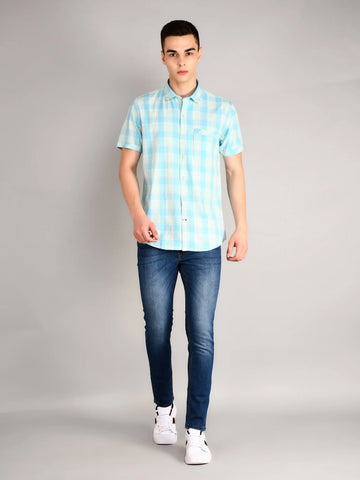 Sky Blue Checked Half Sleeve Shirt Tim Paris