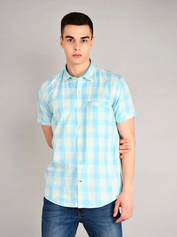 Sky Blue Checked Half Sleeve Shirt Tim Paris