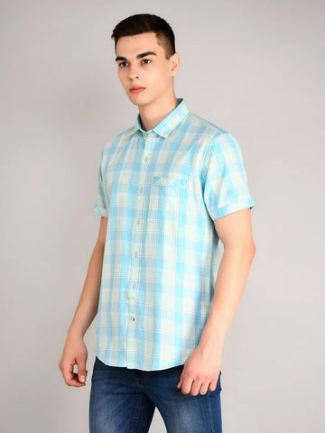 Sky Blue Checked Half Sleeve Shirt Tim Paris