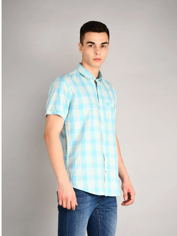 Sky Blue Checked Half Sleeve Shirt Tim Paris