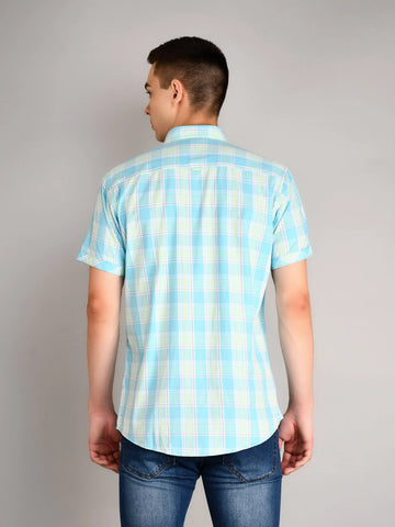 Sky Blue Checked Half Sleeve Shirt Tim Paris