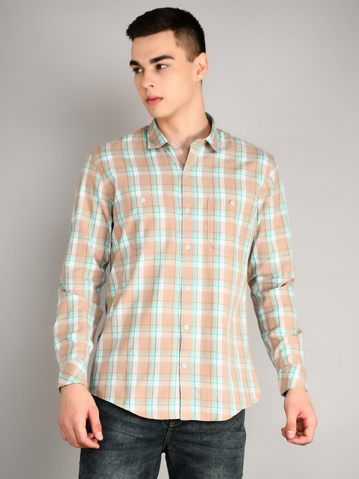 Beige Checkered Regular Fit Shirt