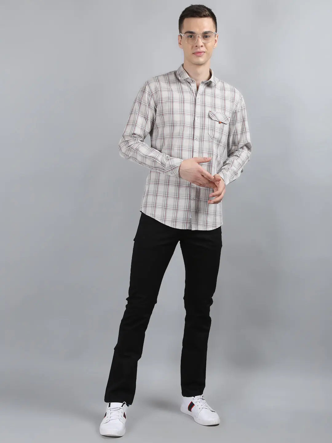 Ash Grey Checkered Regular Fit Shirt TIM PARIS