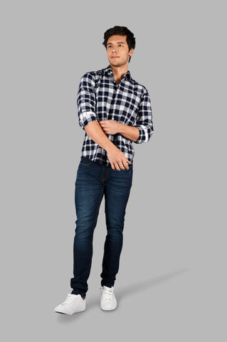 Navy Blue & White Checked Shirt Tim Paris