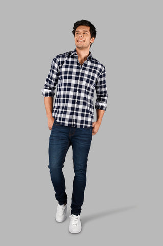Navy Blue & White Checked Shirt Tim Paris