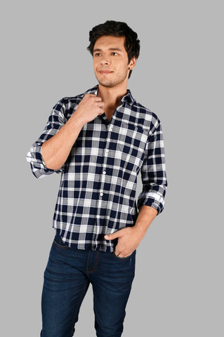 Navy Blue & White Checked Shirt Tim Paris