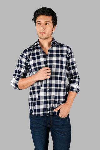 Navy Blue & White Checked Shirt Tim Paris