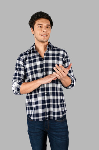 Navy Blue & White Checked Shirt Tim Paris