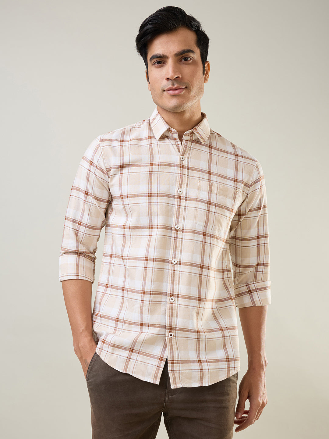 Brown Checkered Regular Fit Shirt