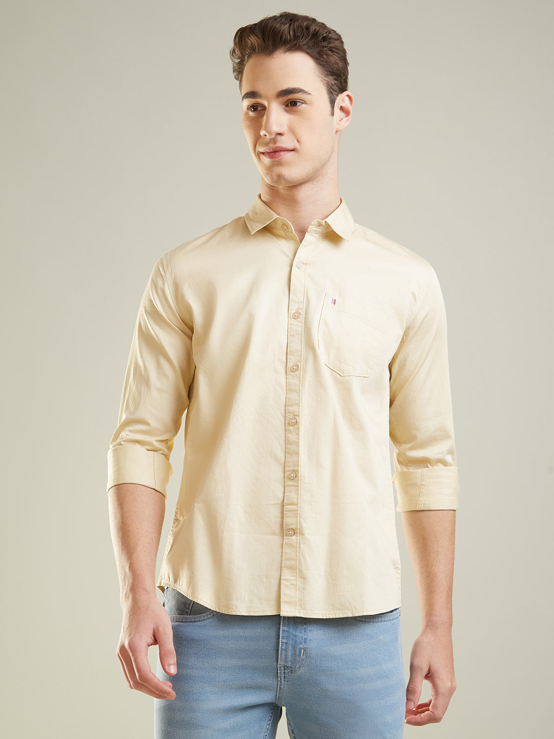 Beige Solid Regular Fit Shirt
