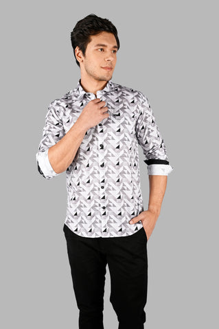 Grey Geometric Print Shirt Tim Paris