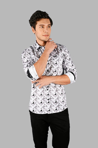 Grey Geometric Print Shirt Tim Paris