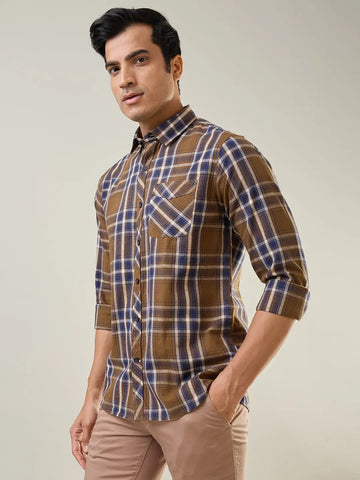 Brown Checkered Regular Fit Shirt TIM PARIS