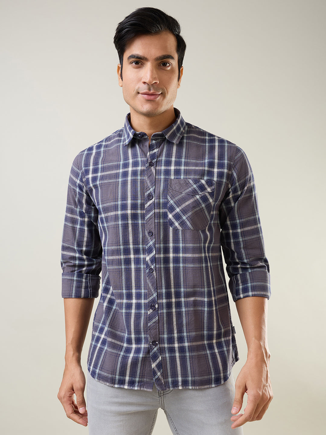 Grey Checkered Regular Fit Shirt
