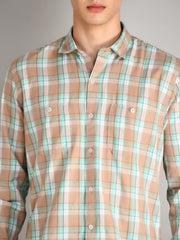 Beige Light Blue Checked Shirt