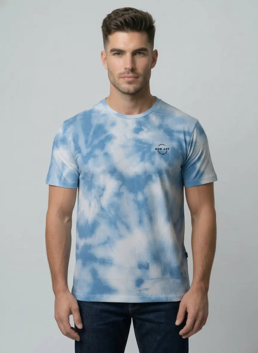 SKY BLUE ROUND NECK AOP PRINT T-SHIRT Tim Paris