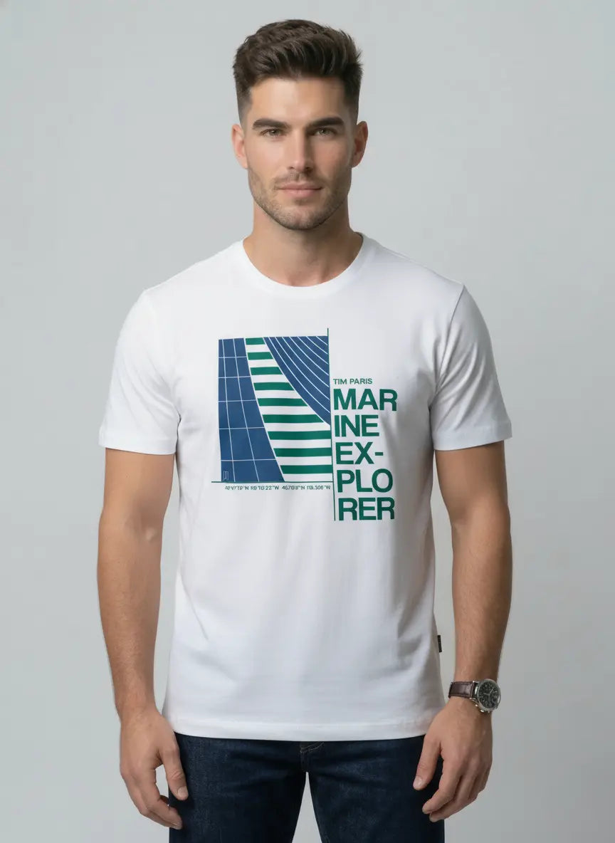 White Round Neck Graphic Print T-Shirt Tim Paris