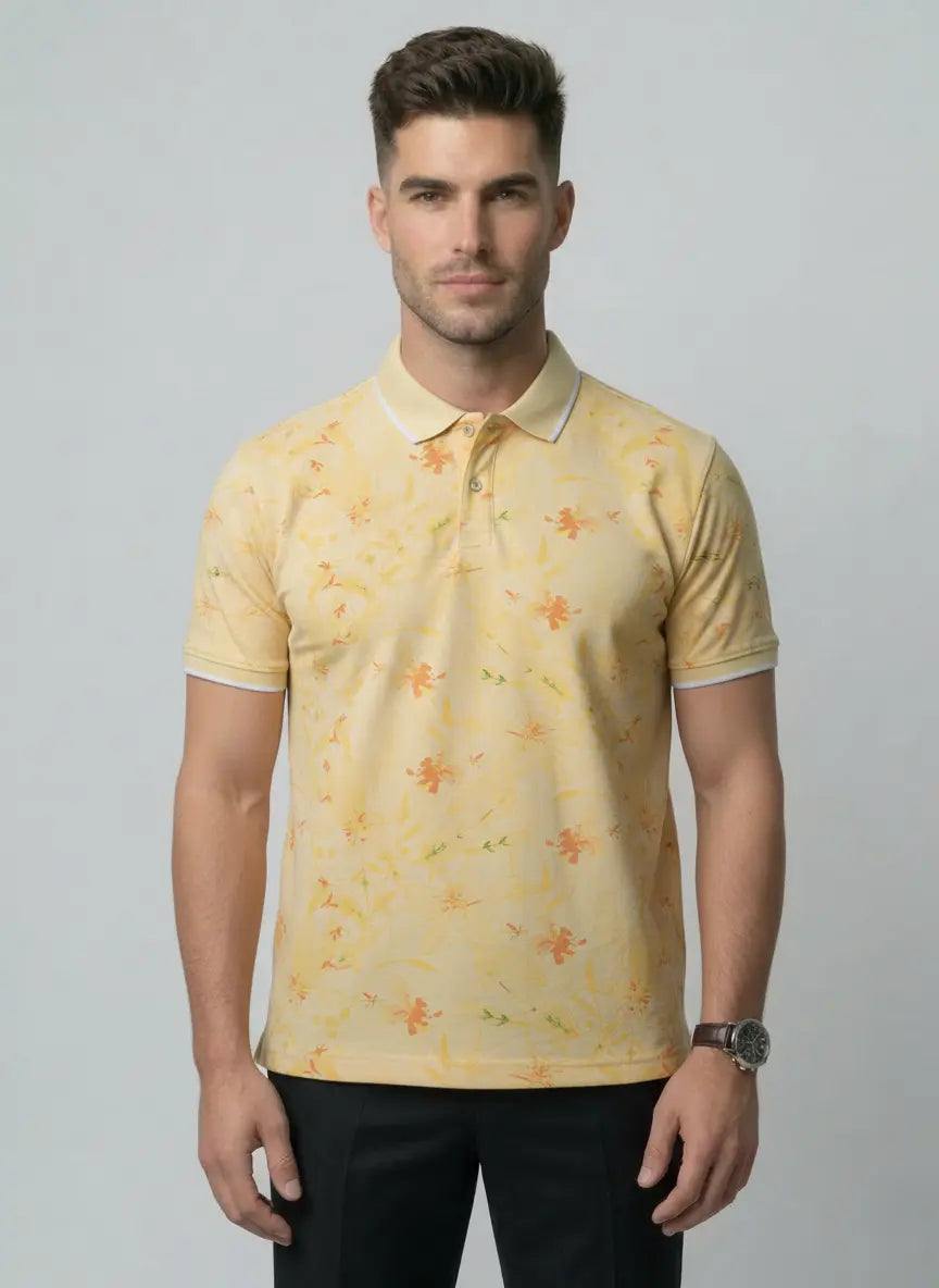 YELLOW POLO NECK AOP PRINT T-SHIRT Tim Paris