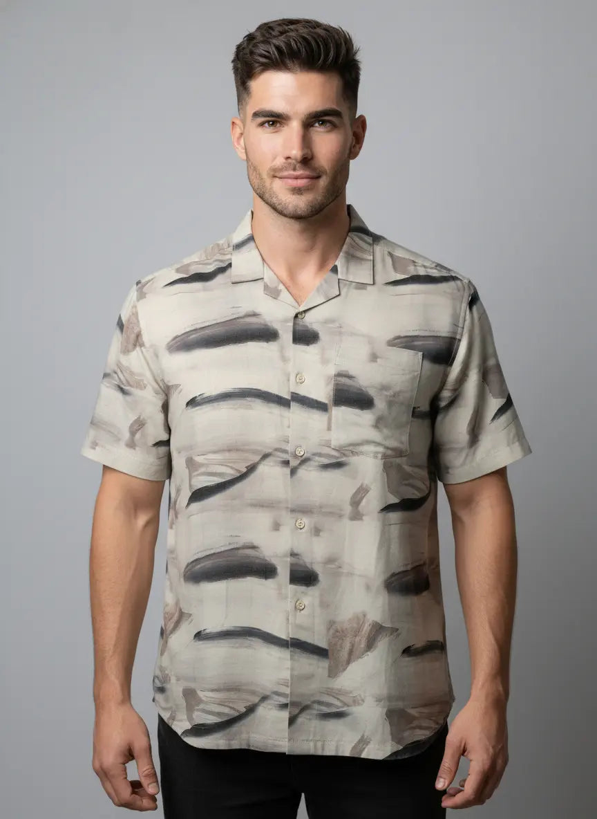 Beige Half Sleeve Printed Shirt Tim Paris