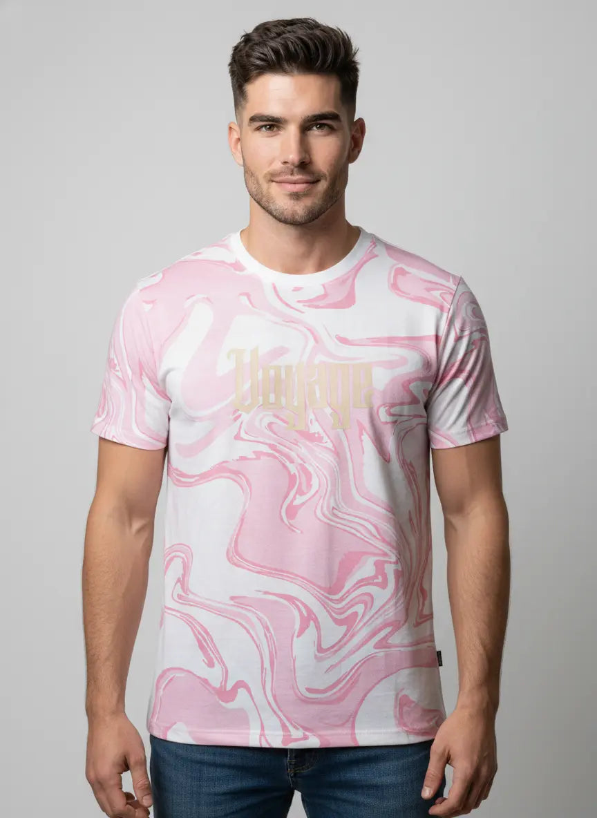 PINK ROUND NECK AOP PRINT T-SHIRT Tim Paris