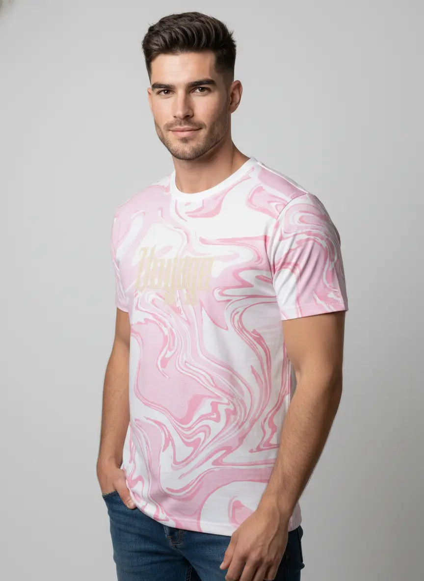 PINK ROUND NECK AOP PRINT T-SHIRT Tim Paris